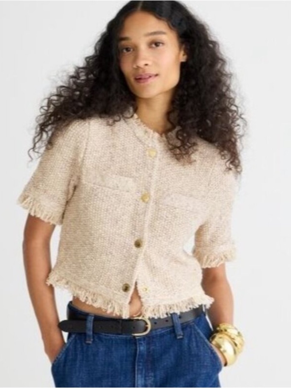 J. Crew Fringe trim short sleeve cropped  jacket in marled yarn